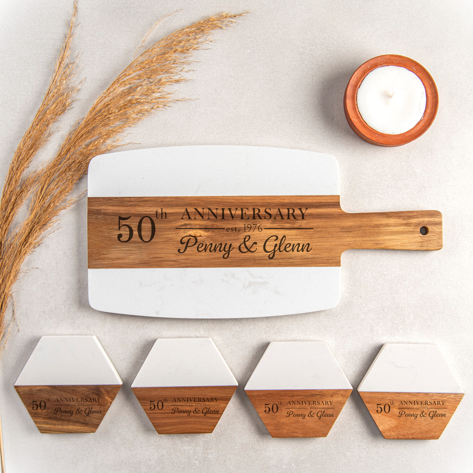Personalized Cutting Board & 4 Coasters Set – Custom Acacia & Marble Charcuterie Boards, Weddings, Housewarmings, New Home Owners, Anniversary, Bridal Showers, Couples, Mother’s Day Gifts for Women