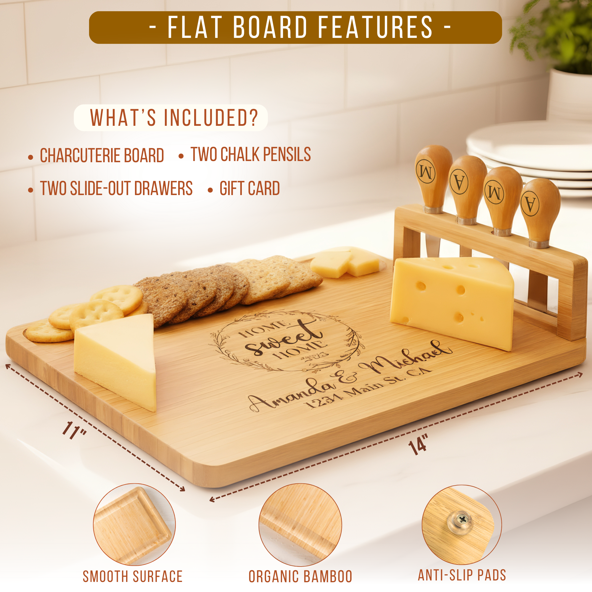 Personalized Bamboo Charcuterie & Cutting Board Set – Custom Wedding, Anniversary, Bridal Shower, Birthday, Housewarming, Couples, Engagement, Women, Girlfriend, Grandma, New Mom, Mother’s Day Gifts